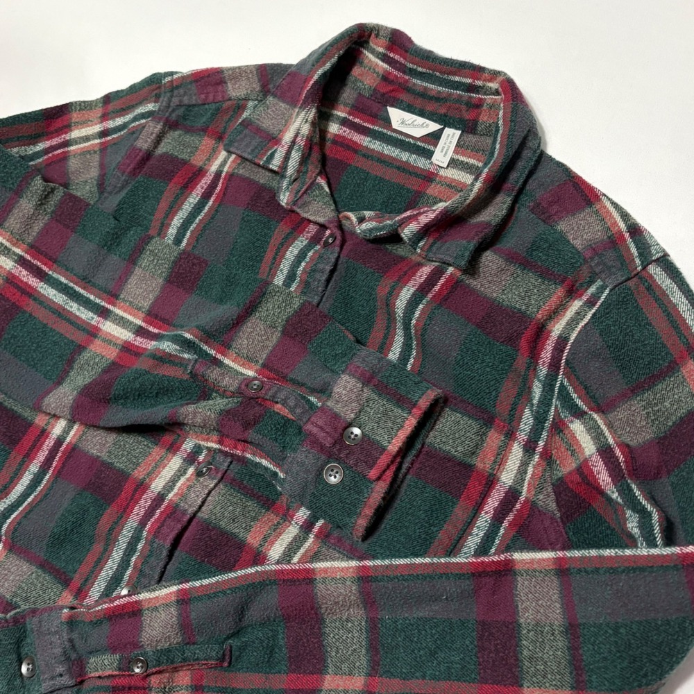 Woolrich Womens M Plaid Flannel Shirt Green Burgundy Long Sleeve Button Down
